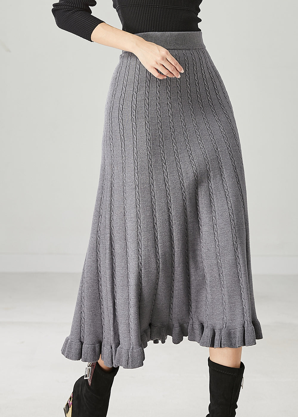 Grey Ruffled Exra Large Hem Knit Skirts Spring