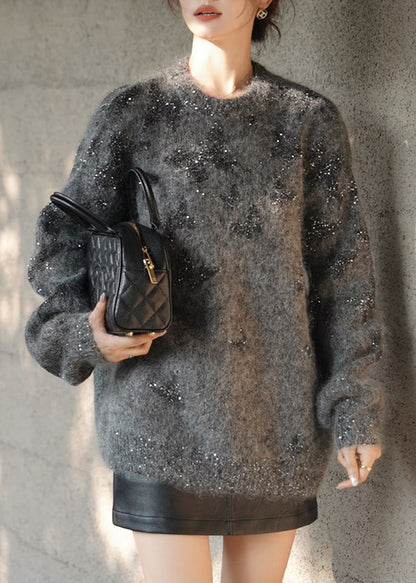 Grey Sequins Cozy Thick Knit Sweaters Winter