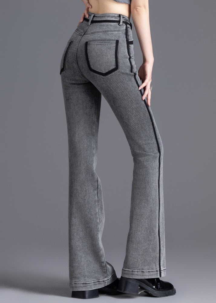 Grey Silm Fit Patchwork Denim Bell-bottom Trousers Spring