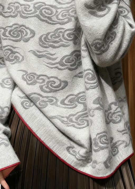 Grey Stand Collar Auspicious Clouds Knit Sweater Tops Winter