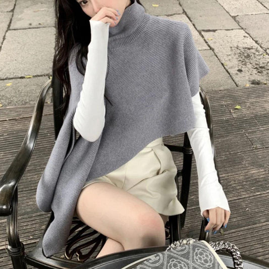 Sweater Tops Grey Turtleneck Asymmetrical Design Cloak Sleeves Knit Top
