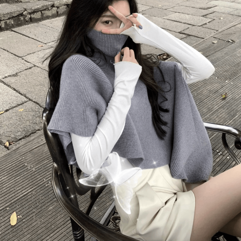 Sweater Tops Grey Turtleneck Asymmetrical Design Cloak Sleeves Knit Top
