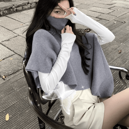 Sweater Tops Grey Turtleneck Asymmetrical Design Cloak Sleeves Knit Top
