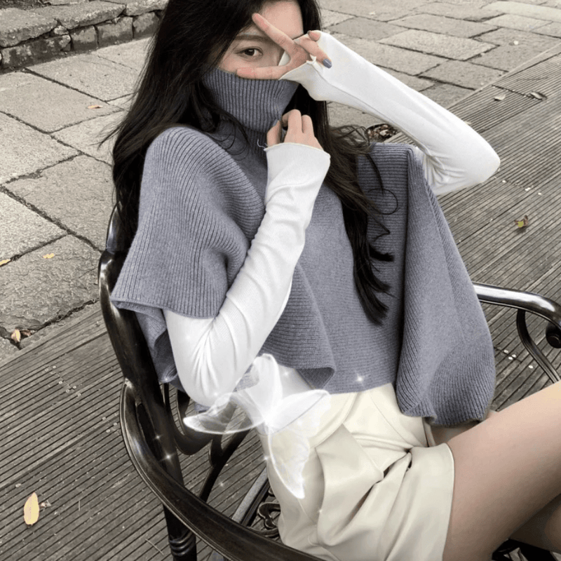 Sweater Tops Grey Turtleneck Asymmetrical Design Cloak Sleeves Knit Top
