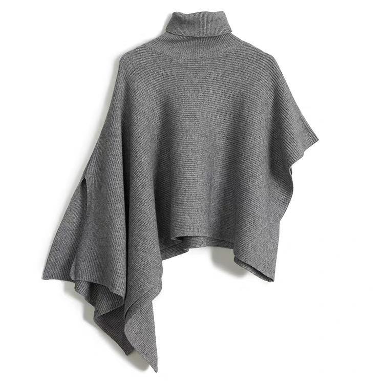 Sweater Tops Grey Turtleneck Asymmetrical Design Cloak Sleeves Knit Top