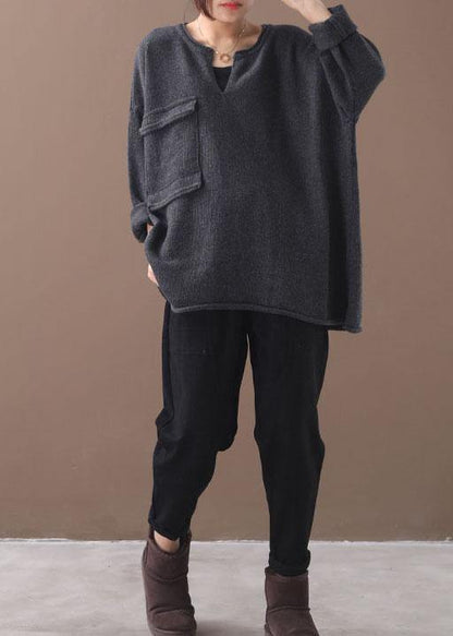 Grey V Neck Fall Knit Top