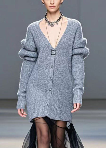 Grey V Neck Patchwork Tulle Long Sweater Winter