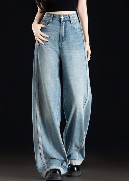 Grey White Pockets Patchwork Denim Wide Leg Pants Spring