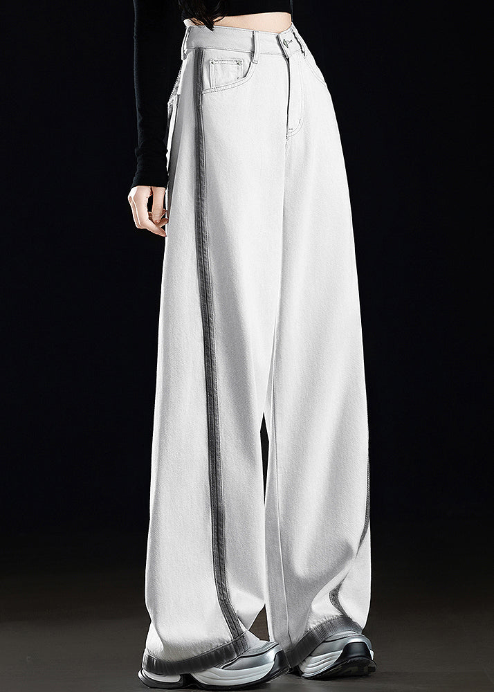 Grey White Pockets Patchwork Denim Wide Leg Pants Spring