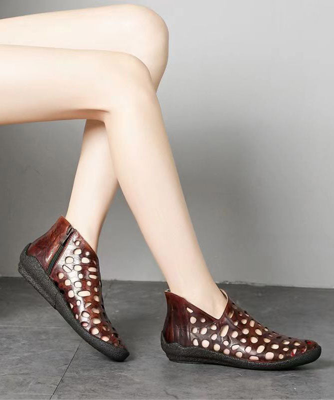 Hollow Out Splicing Wedge Boots Brown Cowhide Leather