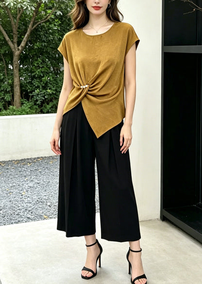 Khaki Asymmetrical Cotton Silk Two Piece Set Clothing Summer