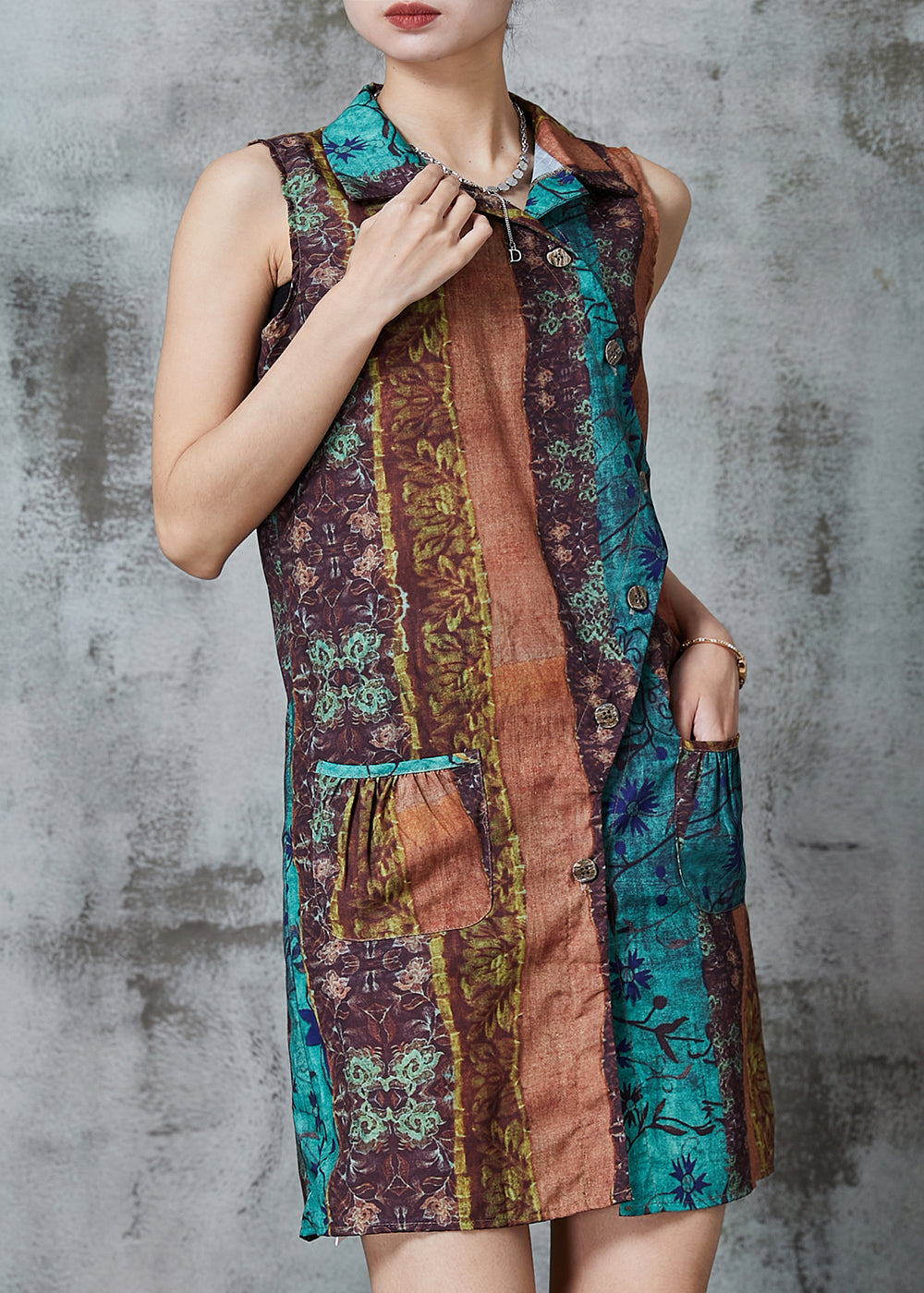 Khaki Asymmetrical Print Linen Mini Dresses Sleeveless