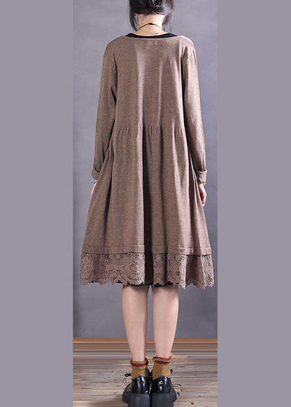 Khaki Button Hollow Out Patchwork Knit Cardigan Spring