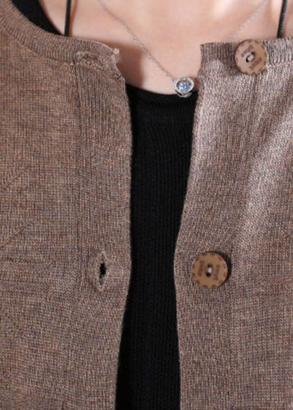 Khaki Button Hollow Out Patchwork Knit Cardigan Spring