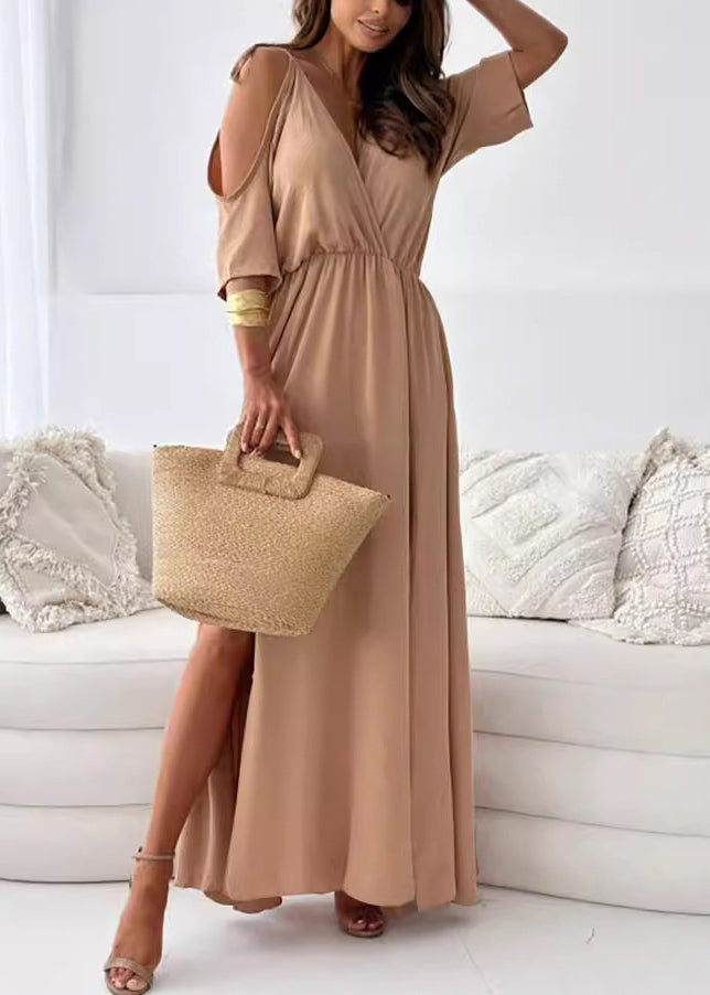 Khaki Cold Shoulder Side Open Chiffon Holiday Dress Summer