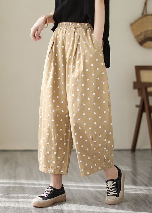 Khaki Dot Pockets Elastic Waist Cotton Crop Pants Fall
