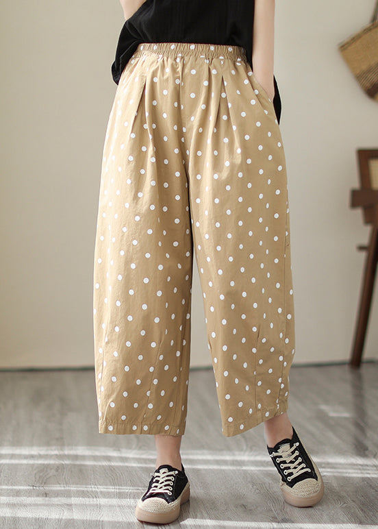Khaki Dot Pockets Elastic Waist Cotton Crop Pants Fall