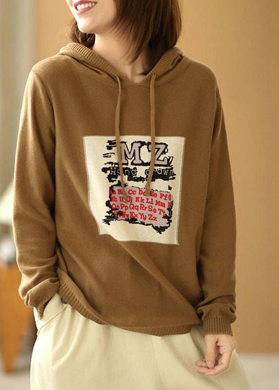 Khaki Hooded Drawstring Print Fall Knit Sweater