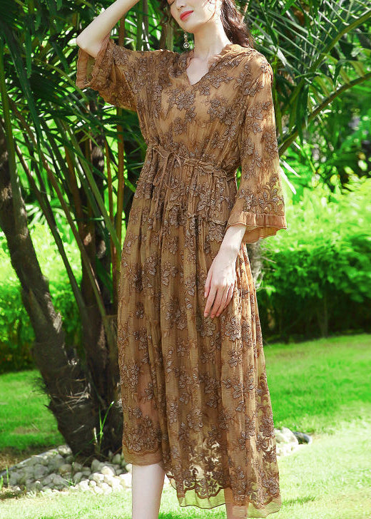 Khaki Hooded Embroideried Silk Cinched Dress Summer