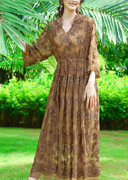 Khaki Hooded Embroideried Silk Cinched Dress Summer