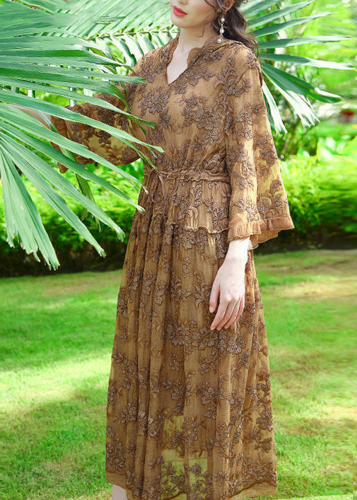 Khaki Hooded Embroideried Silk Cinched Dress Summer