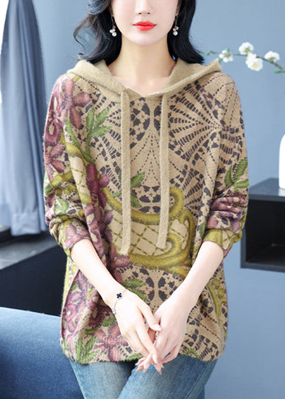 Khaki Hooded Print Woolen Knit Pullover Spring