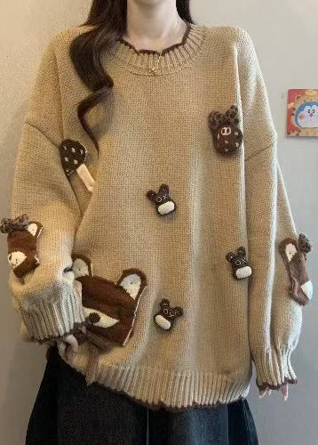 Khaki O Neck Cartoon Knit Sweaters Winter
