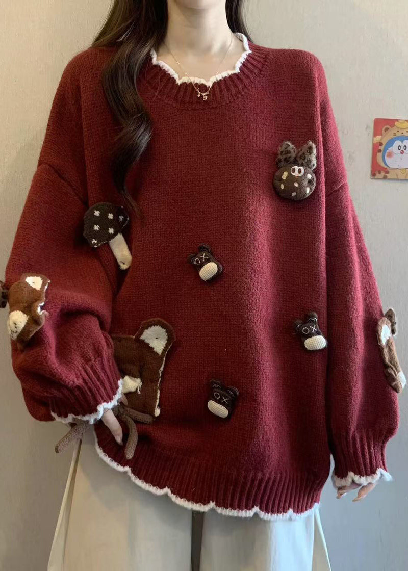 Khaki O Neck Cartoon Knit Sweaters Winter