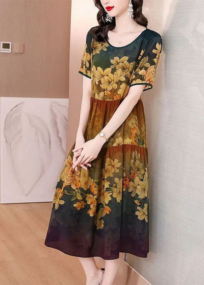 Khaki O-neck Patchwork Print Silk Long Dress Summer