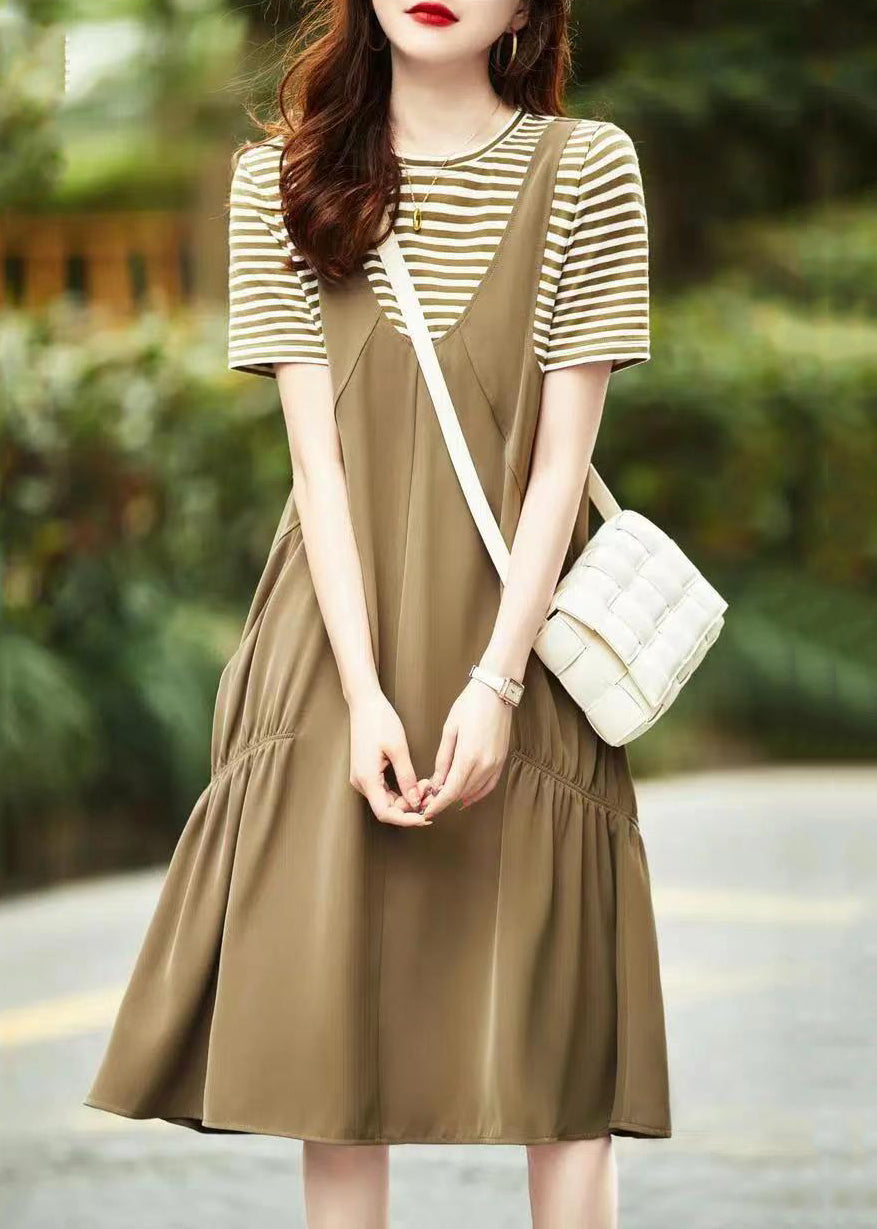 Khaki O Neck Pockets Patchwork Cotton Dresses Summer