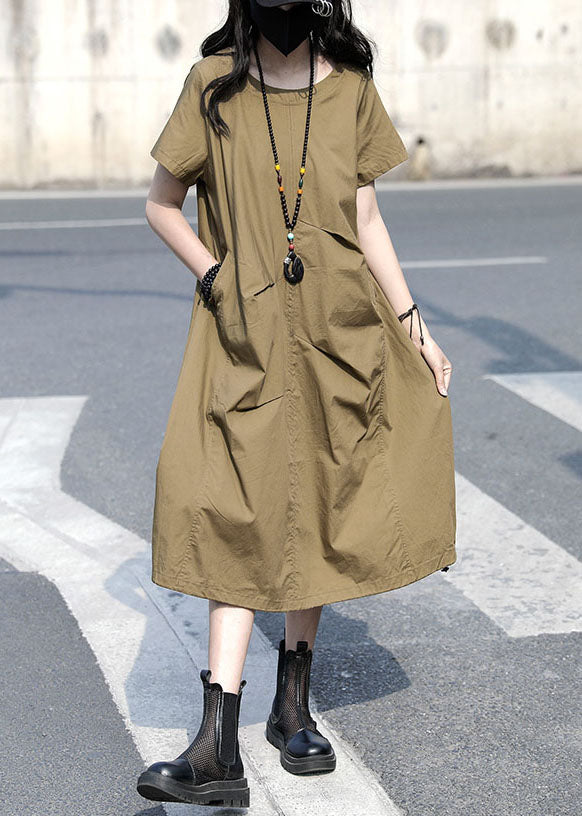 Khaki O Neck Ruffled Patchwork Cotton Dress Summer