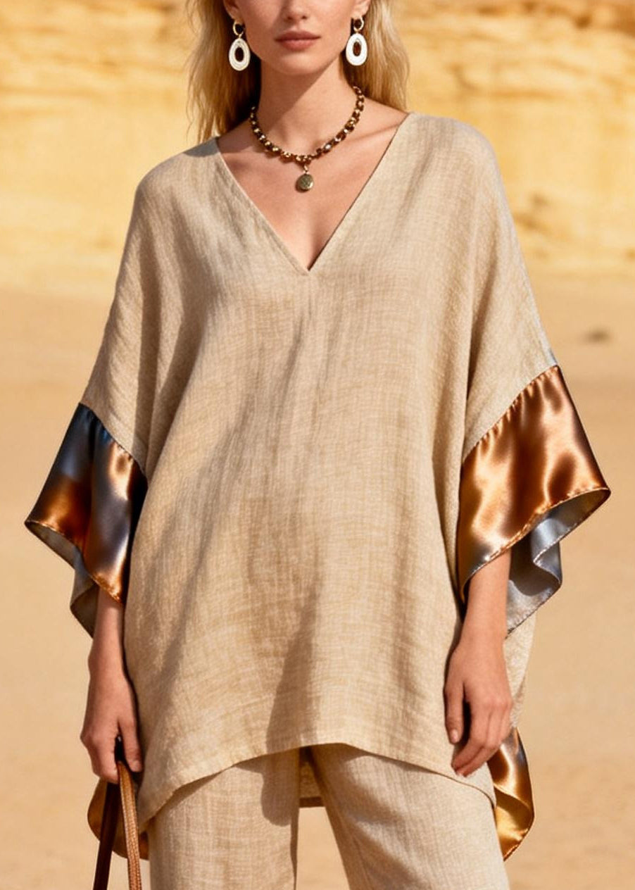 Khaki Oversized Patchwork Silk Linen Two Pieces Set Summer