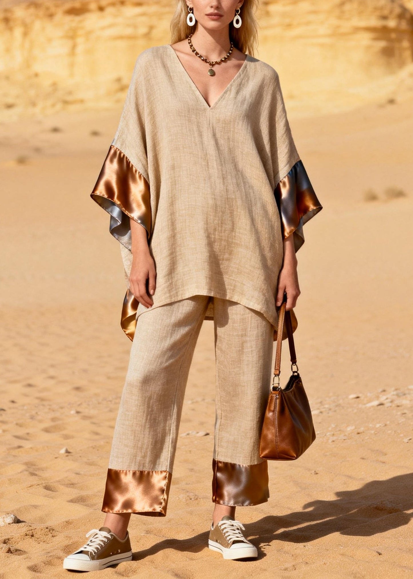 Khaki Oversized Patchwork Silk Linen Two Pieces Set Summer