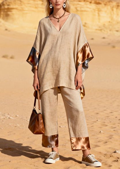Khaki Oversized Patchwork Silk Linen Two Pieces Set Summer