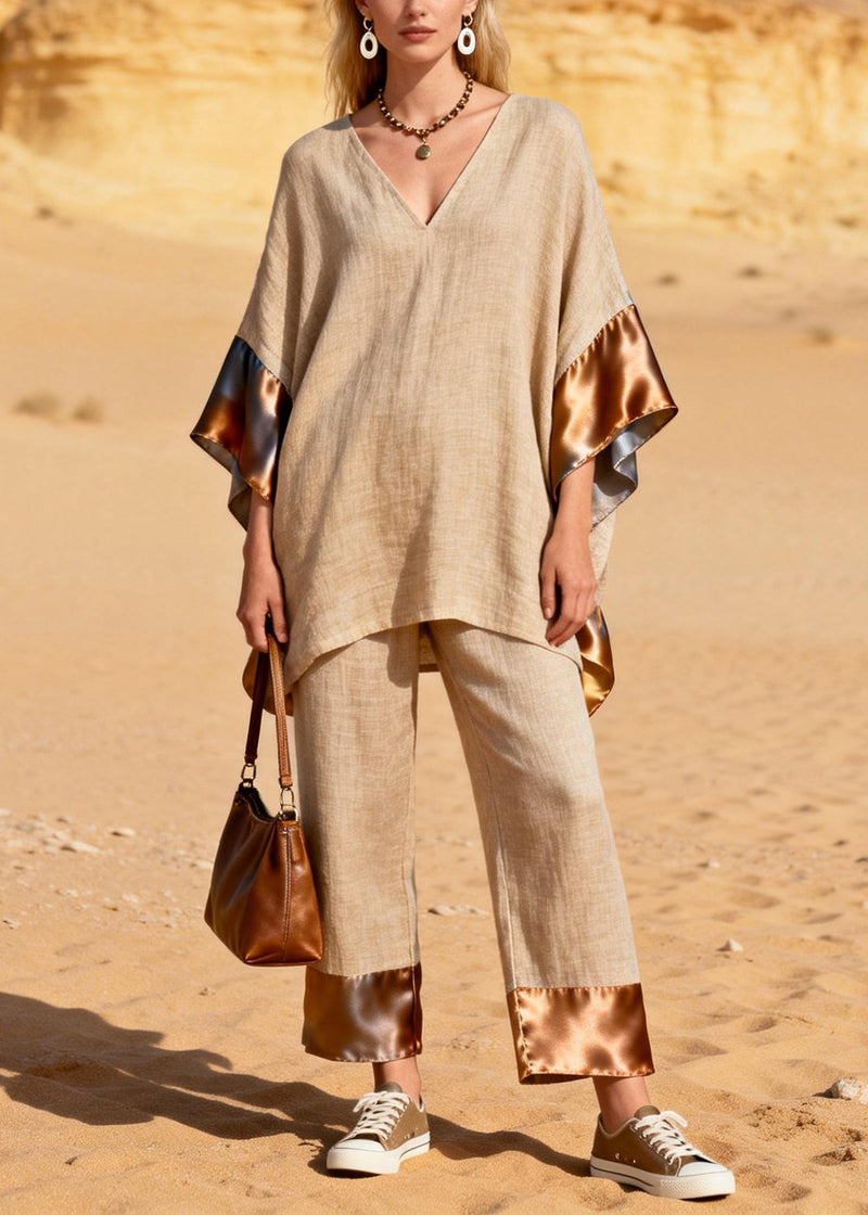 Khaki Oversized Patchwork Silk Linen Two Pieces Set Summer