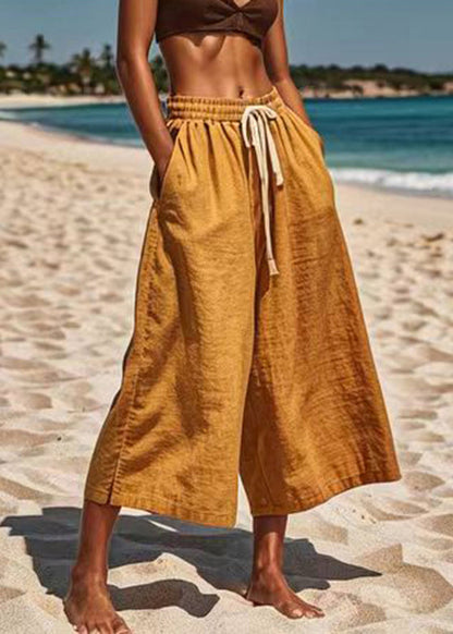 Khaki Patchwork Elastic Waist Wide Leg Pants