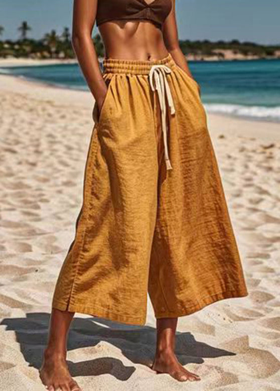 Khaki Patchwork Elastic Waist Wide Leg Pants