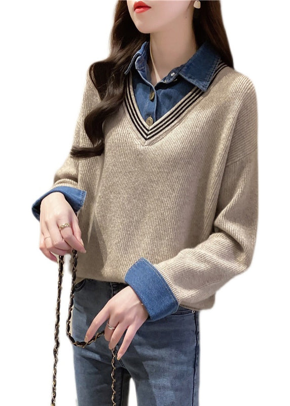 Khaki Peter Pan Collar Denim Patchwork False Two Pieces Knit Shirt Fall