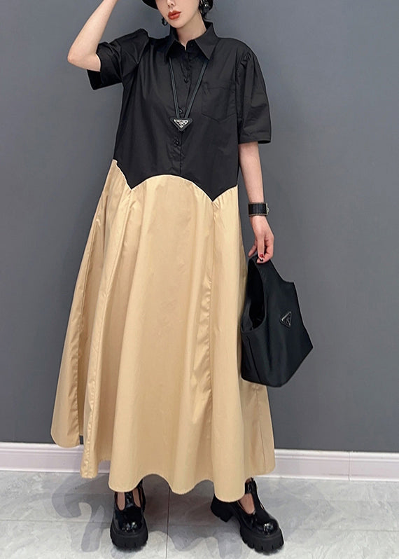 Khaki Peter Pan Collar Patchwork Cotton Maxi Dress Summer
