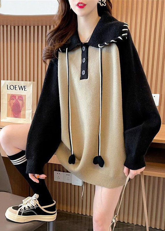 Khaki Peter Pan Collar Patchwork Warm Knit Pullover Winter
