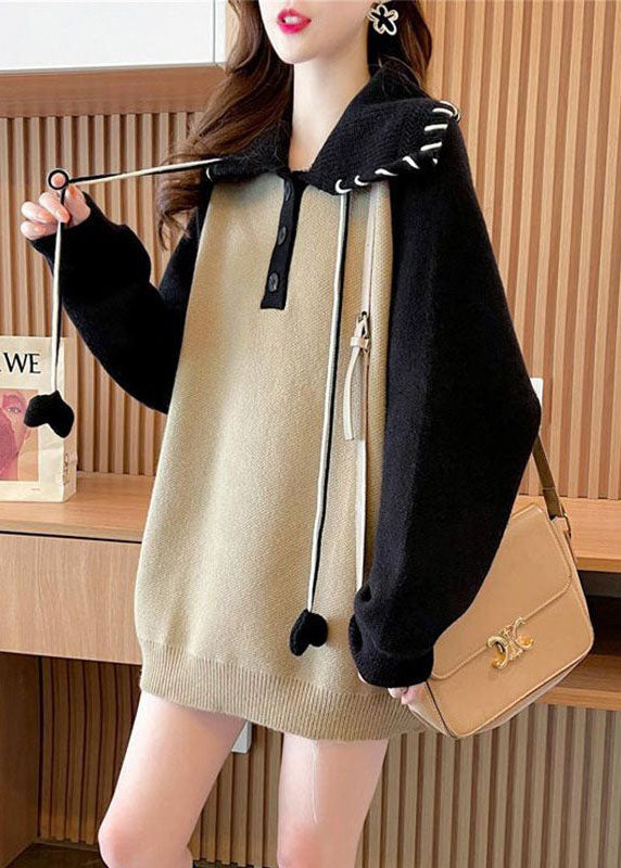 Khaki Peter Pan Collar Patchwork Warm Knit Pullover Winter