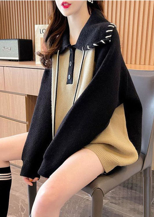 Khaki Peter Pan Collar Patchwork Warm Knit Pullover Winter