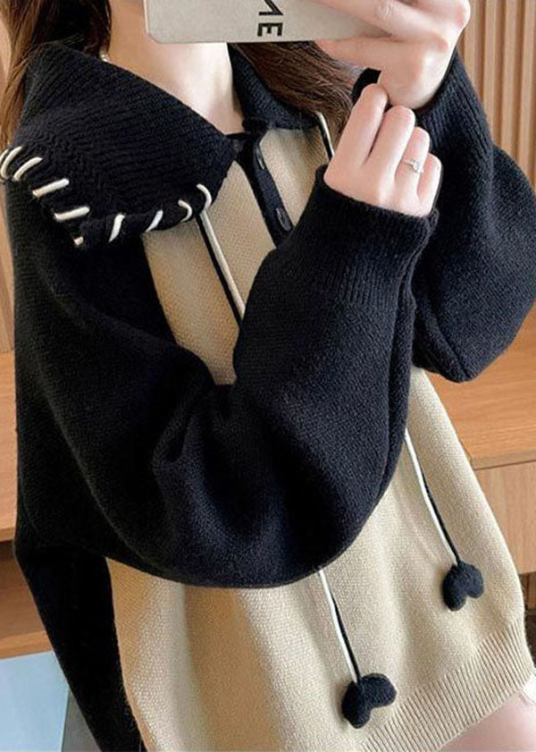 Khaki Peter Pan Collar Patchwork Warm Knit Pullover Winter