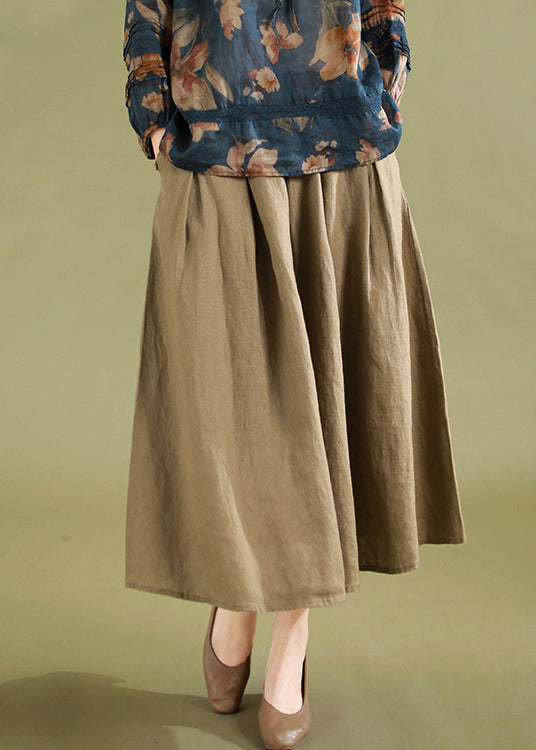 Khaki Pockets High Waist Linen Skirts Summer