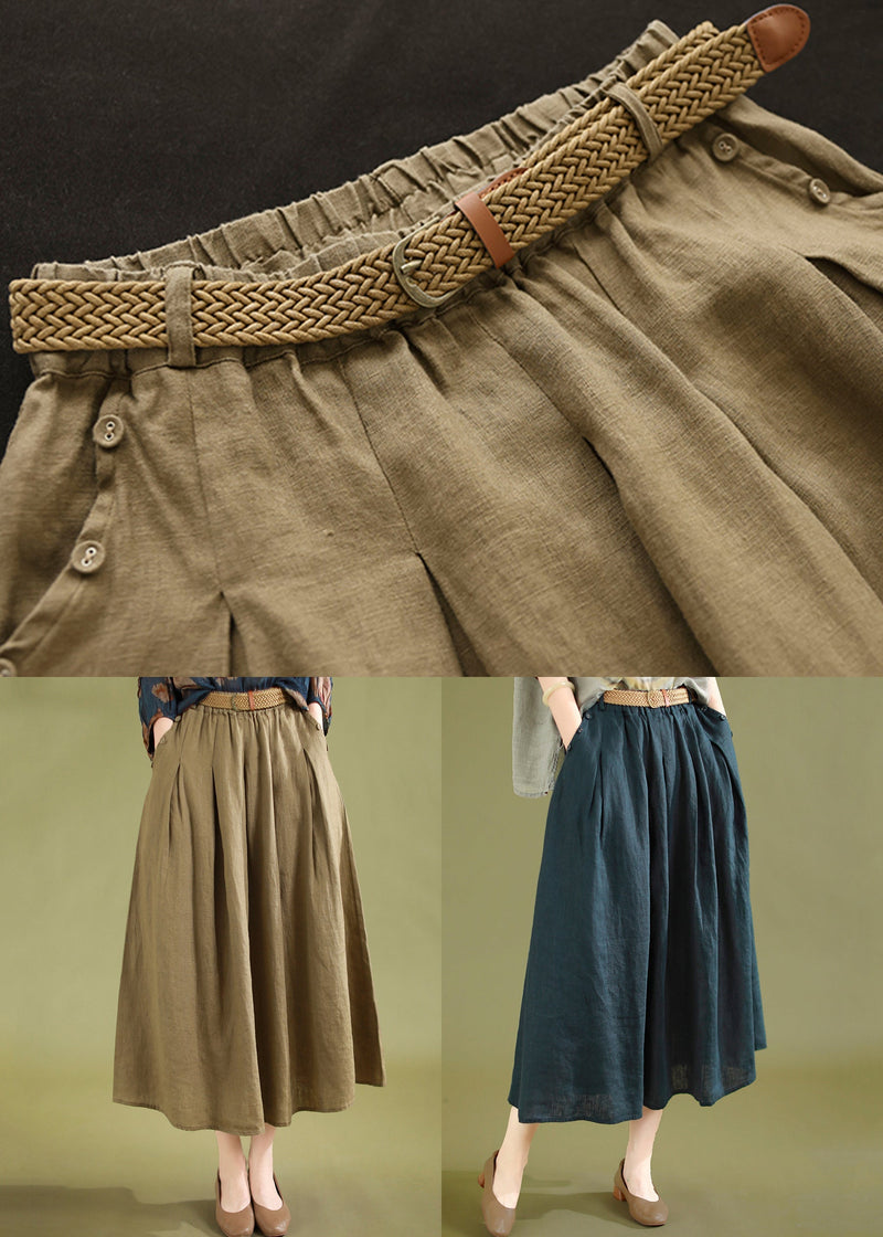 Khaki Pockets High Waist Linen Skirts Summer