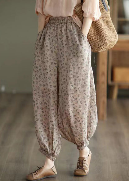 Khaki Pockets Print Cotton Lantern Trousers Summer