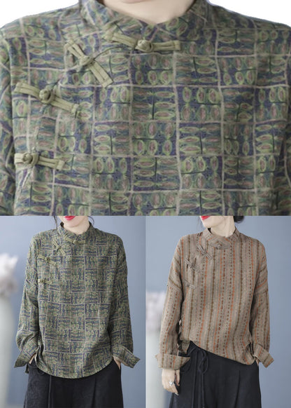 Khaki Striped Print Button Top Spring