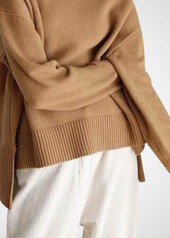 Khaki Turtle Neck Low High Design Cozy Wool Knit Pullover Winter