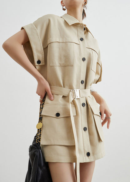 Khaki Workwear Style Pockets T-shirt Dress Summer