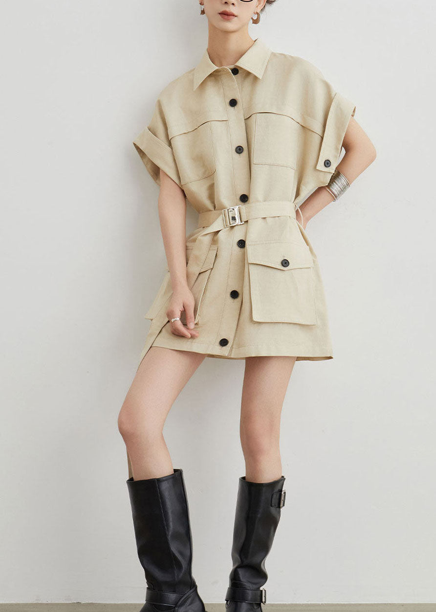 Khaki Workwear Style Pockets T-shirt Dress Summer